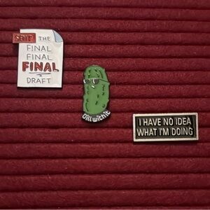 New- Set of Three Fun Enamel Pins dill pickle huh final draft